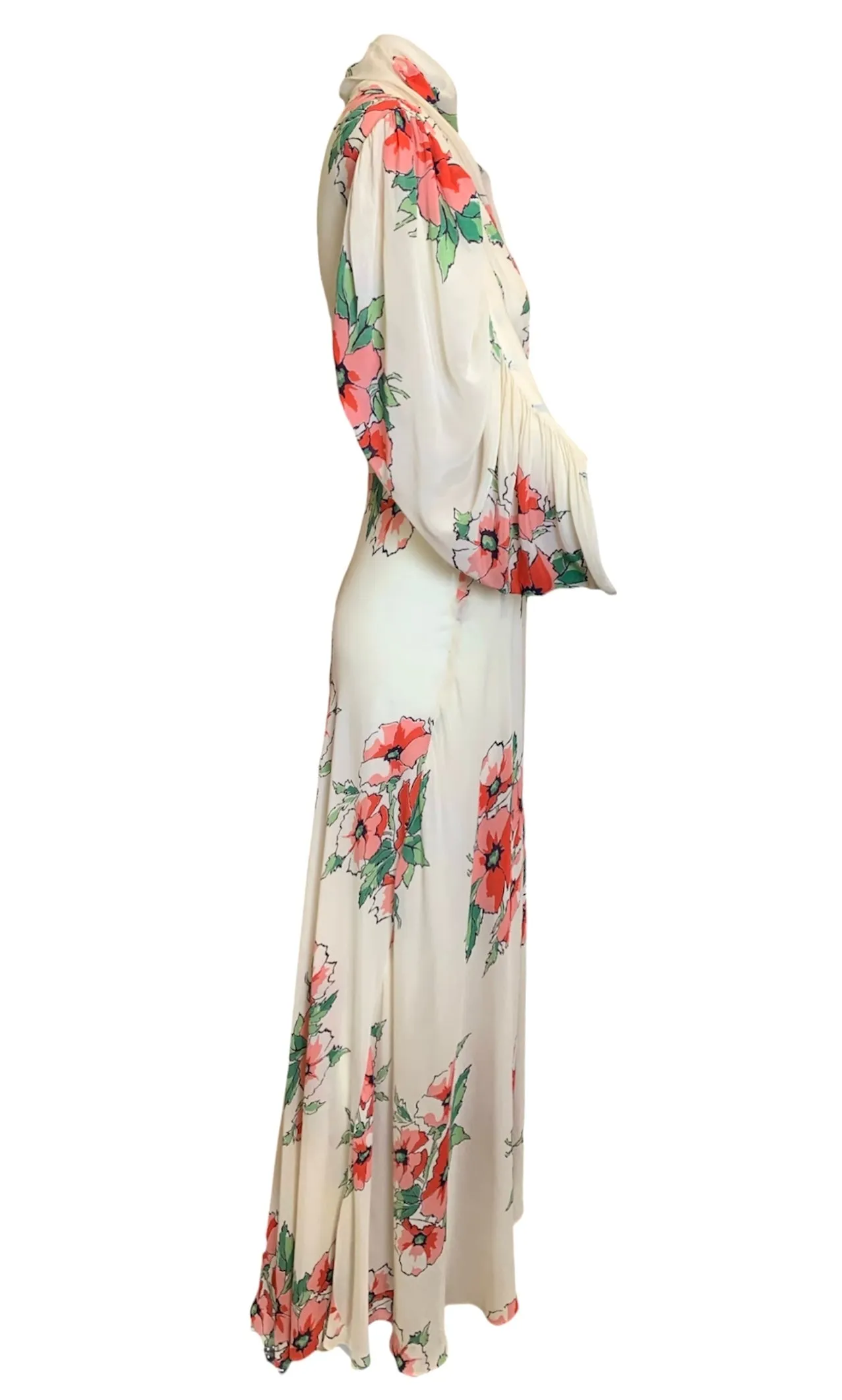 1940s Cream and Coral Pink Blossom Silk Wrap Dress