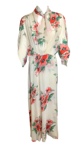 1940s Cream and Coral Pink Blossom Silk Wrap Dress