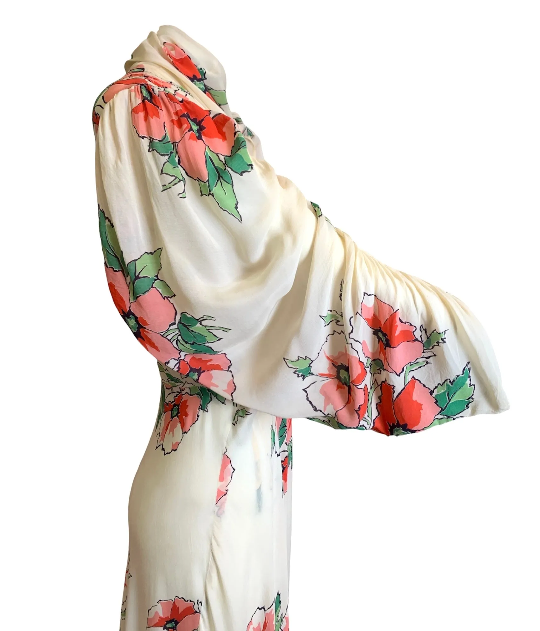 1940s Cream and Coral Pink Blossom Silk Wrap Dress