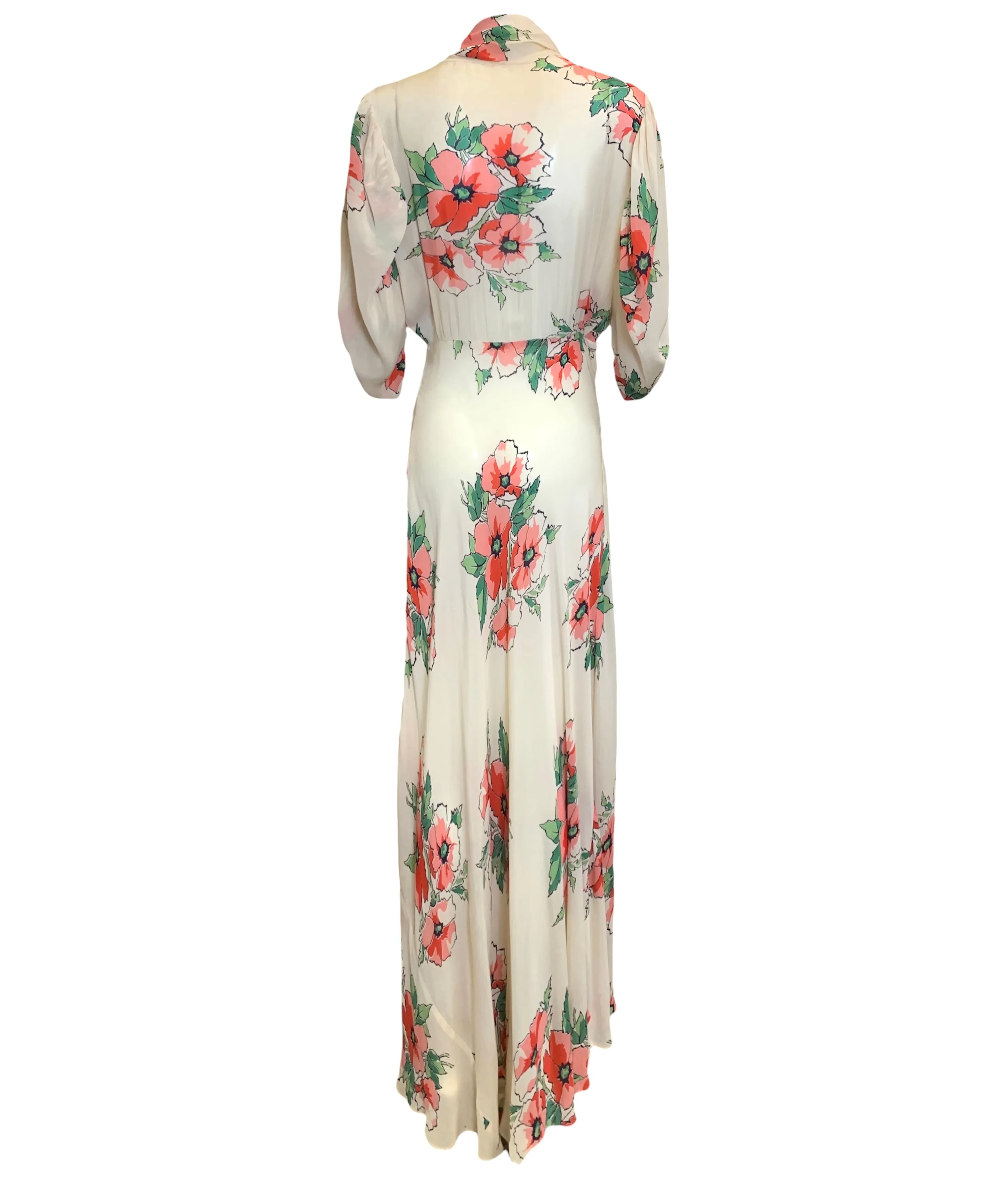 1940s Cream and Coral Pink Blossom Silk Wrap Dress