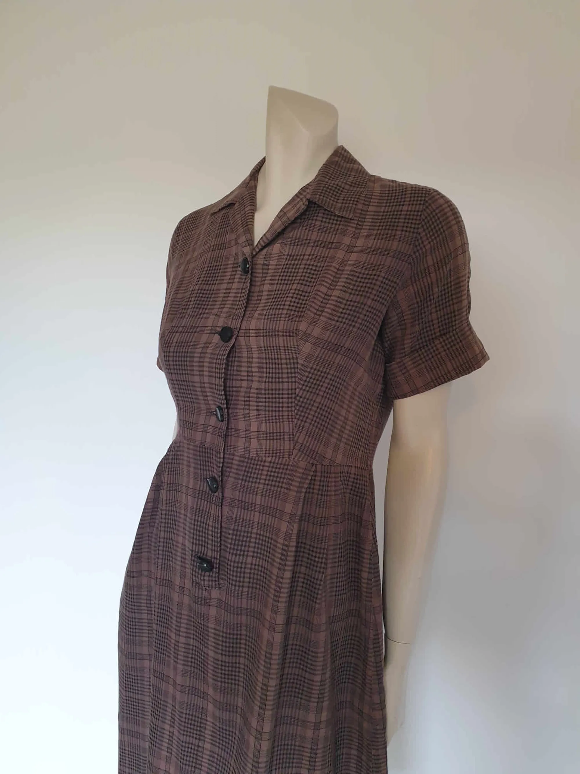 1950s Brown Checked Shirtwaist Dress - S