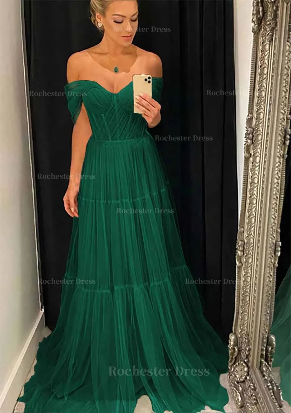 A-line Off-the-Shoulder Sleeveless Sweep Train Tulle Prom Dress With Pleated