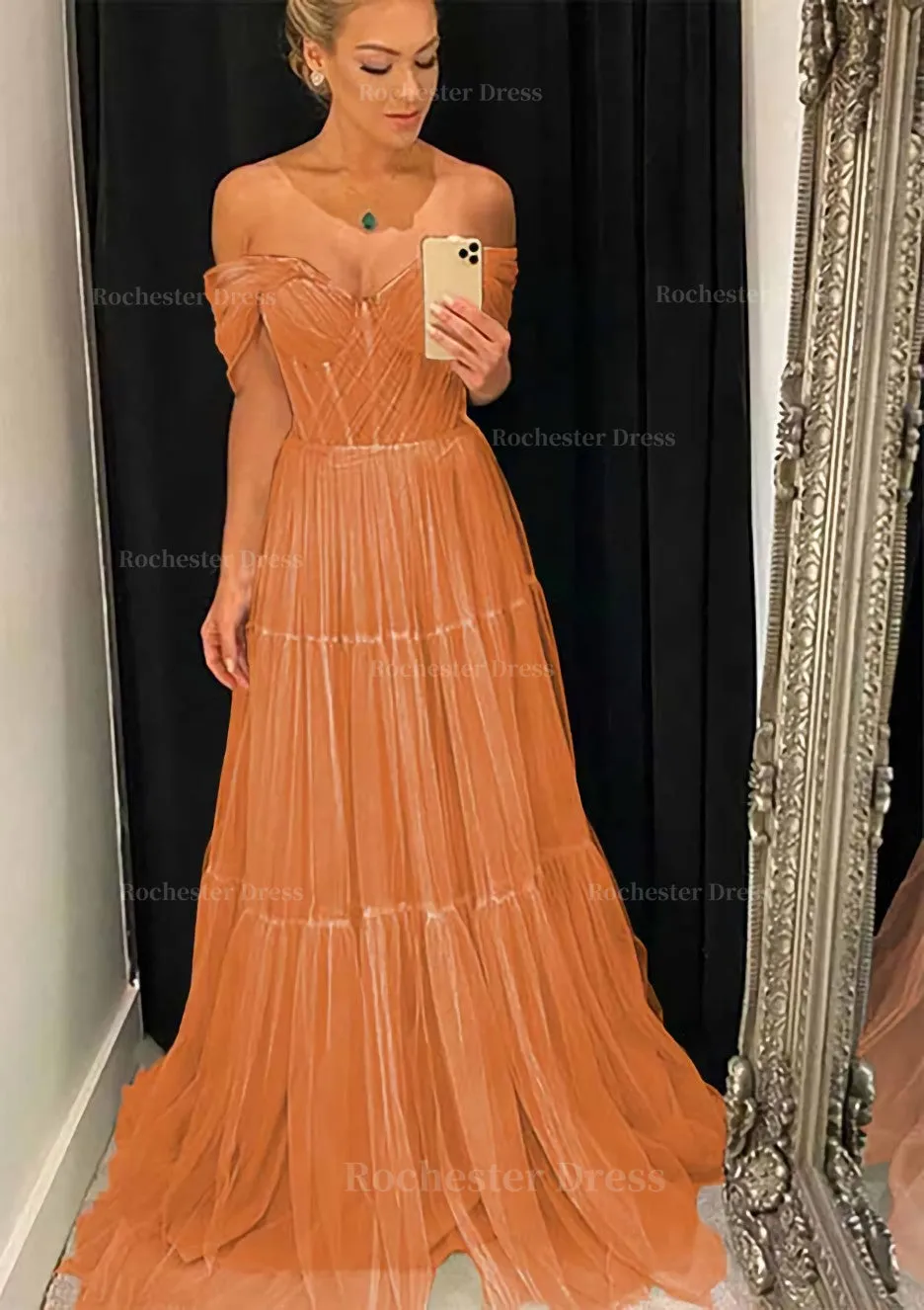 A-line Off-the-Shoulder Sleeveless Sweep Train Tulle Prom Dress With Pleated