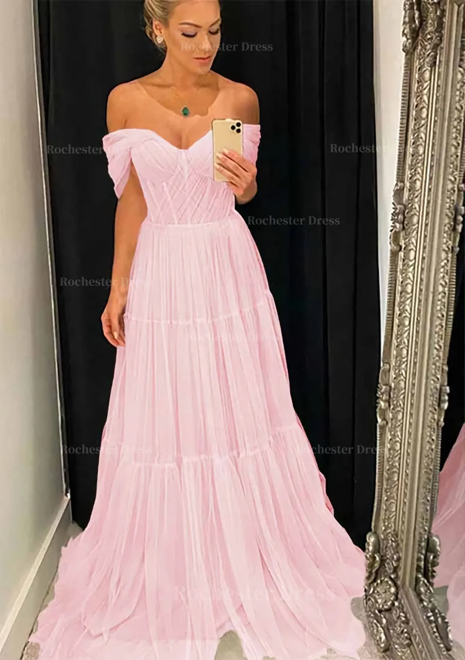 A-line Off-the-Shoulder Sleeveless Sweep Train Tulle Prom Dress With Pleated