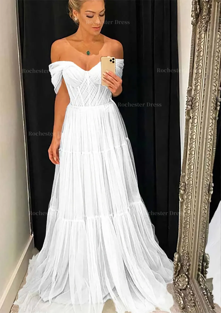 A-line Off-the-Shoulder Sleeveless Sweep Train Tulle Prom Dress With Pleated