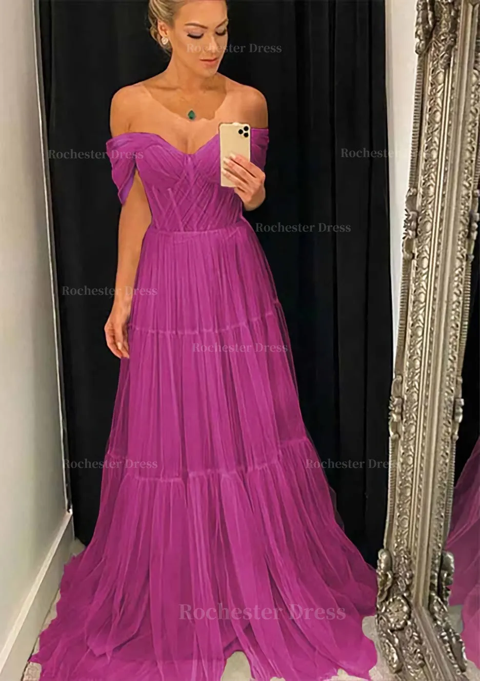 A-line Off-the-Shoulder Sleeveless Sweep Train Tulle Prom Dress With Pleated