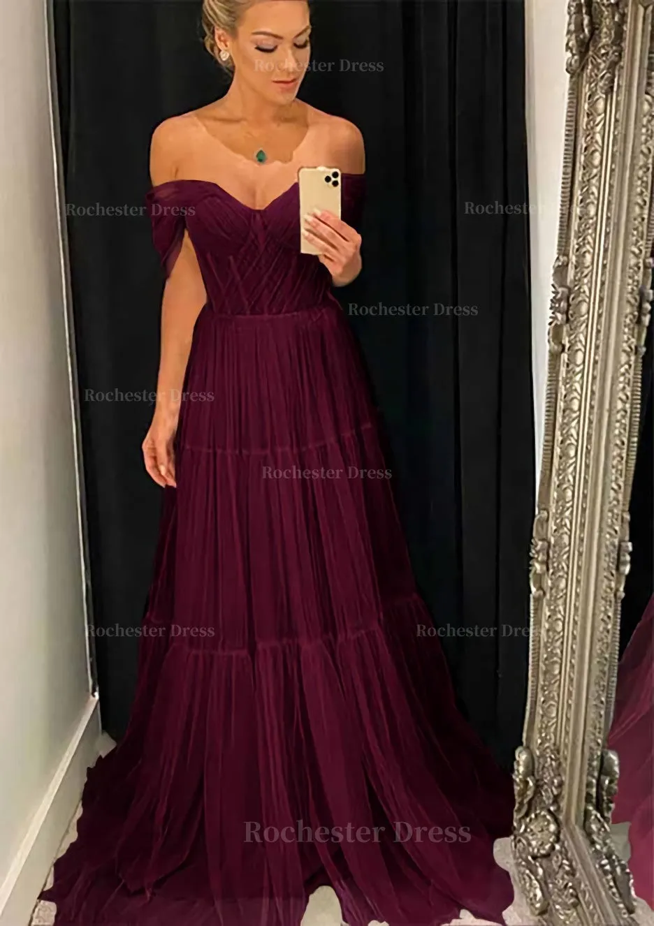 A-line Off-the-Shoulder Sleeveless Sweep Train Tulle Prom Dress With Pleated