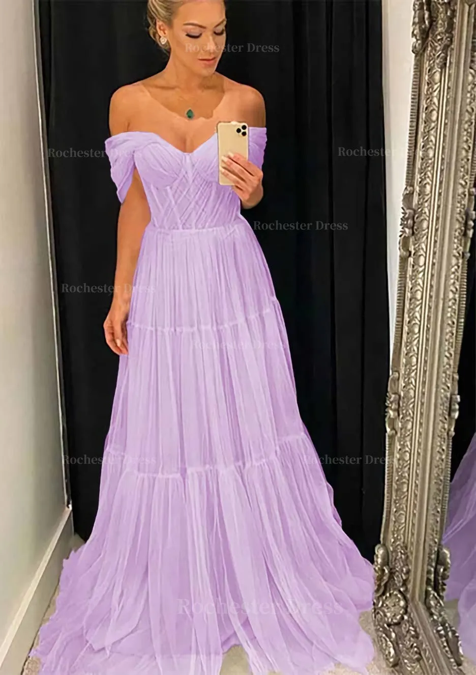 A-line Off-the-Shoulder Sleeveless Sweep Train Tulle Prom Dress With Pleated