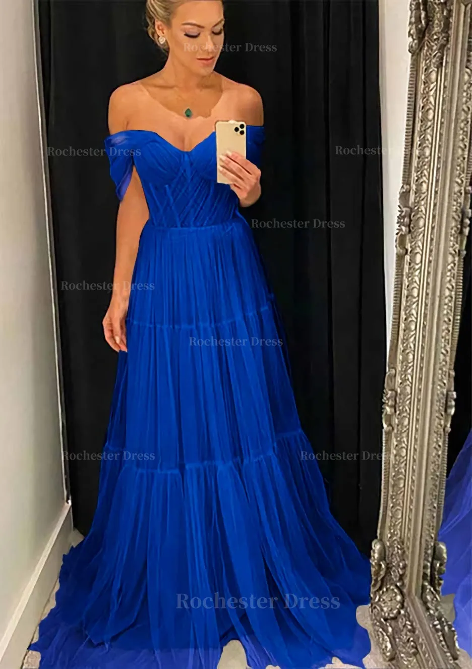 A-line Off-the-Shoulder Sleeveless Sweep Train Tulle Prom Dress With Pleated