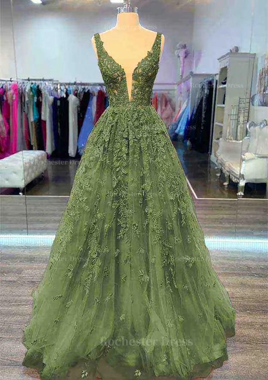 A-line V Neck Sleeveless Long/Floor-Length Lace Prom Dress With Beading