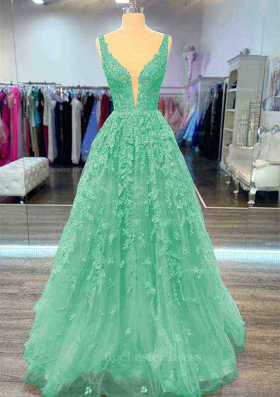 A-line V Neck Sleeveless Long/Floor-Length Lace Prom Dress With Beading