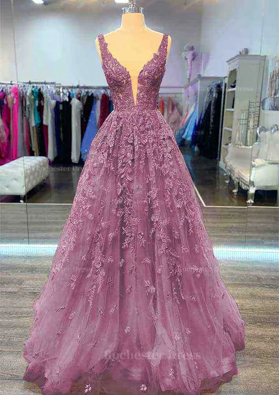 A-line V Neck Sleeveless Long/Floor-Length Lace Prom Dress With Beading