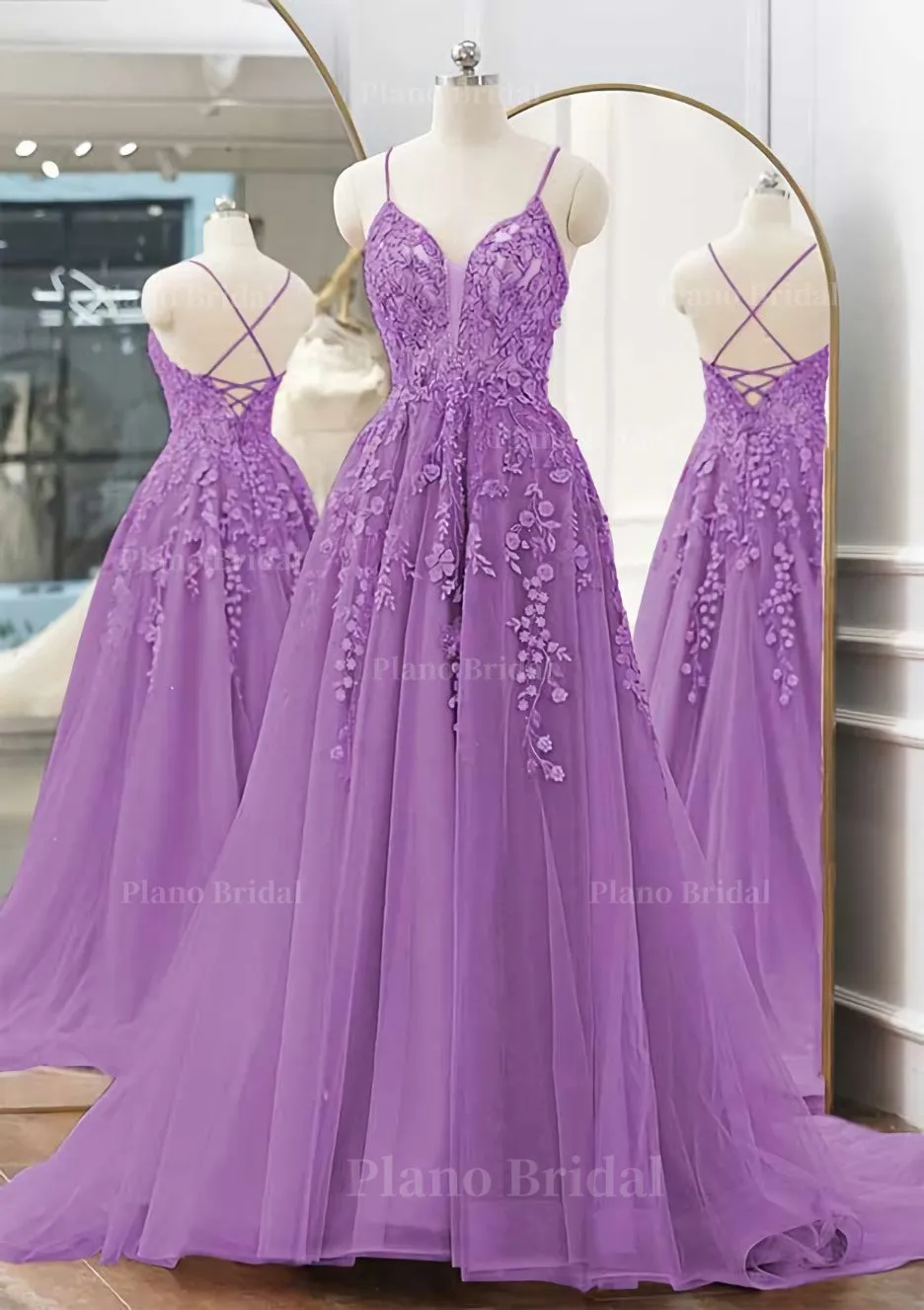 A-line V Neck Spaghetti Straps Sweep Train Tulle Prom Dress With Appliqued Beading