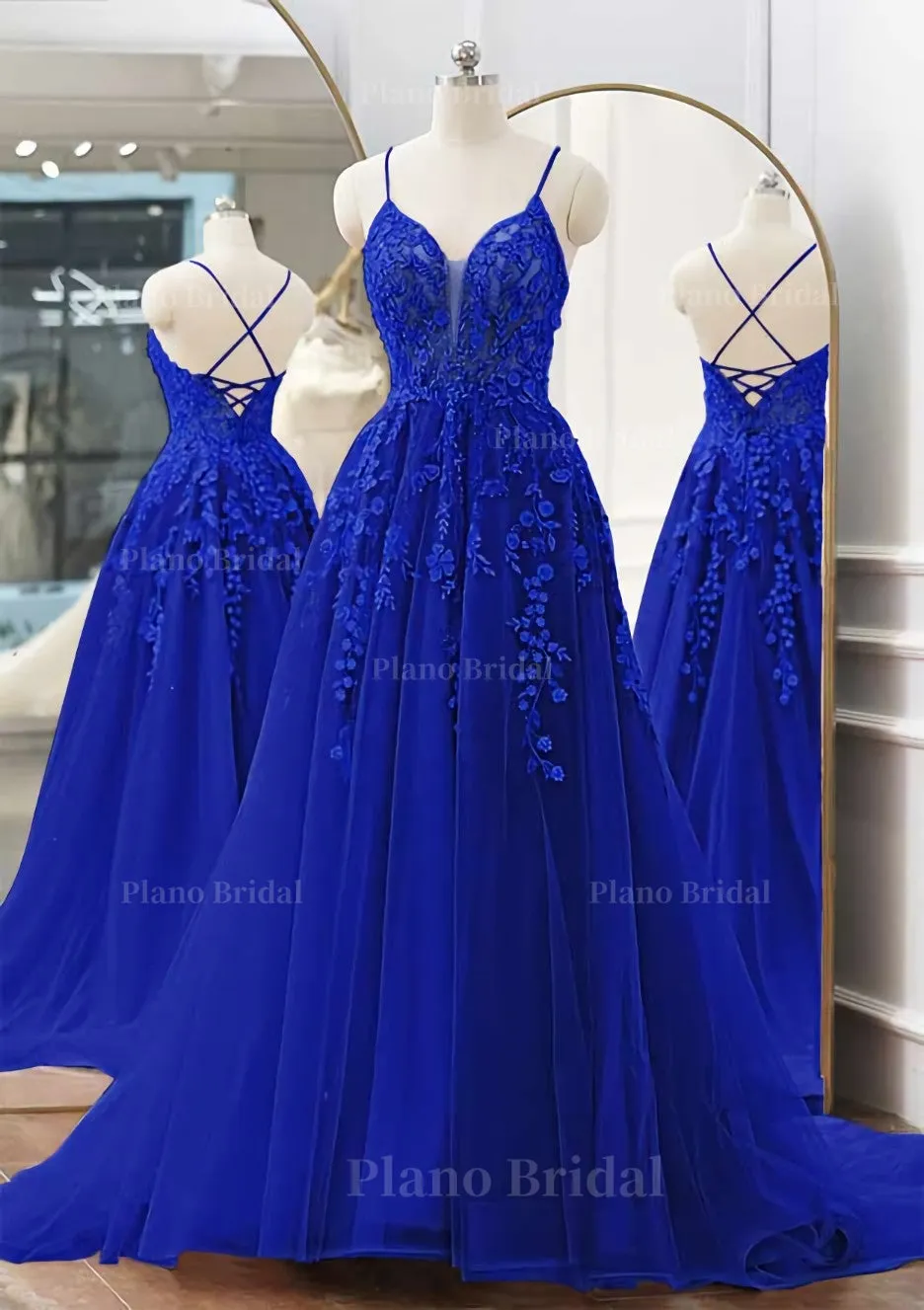 A-line V Neck Spaghetti Straps Sweep Train Tulle Prom Dress With Appliqued Beading