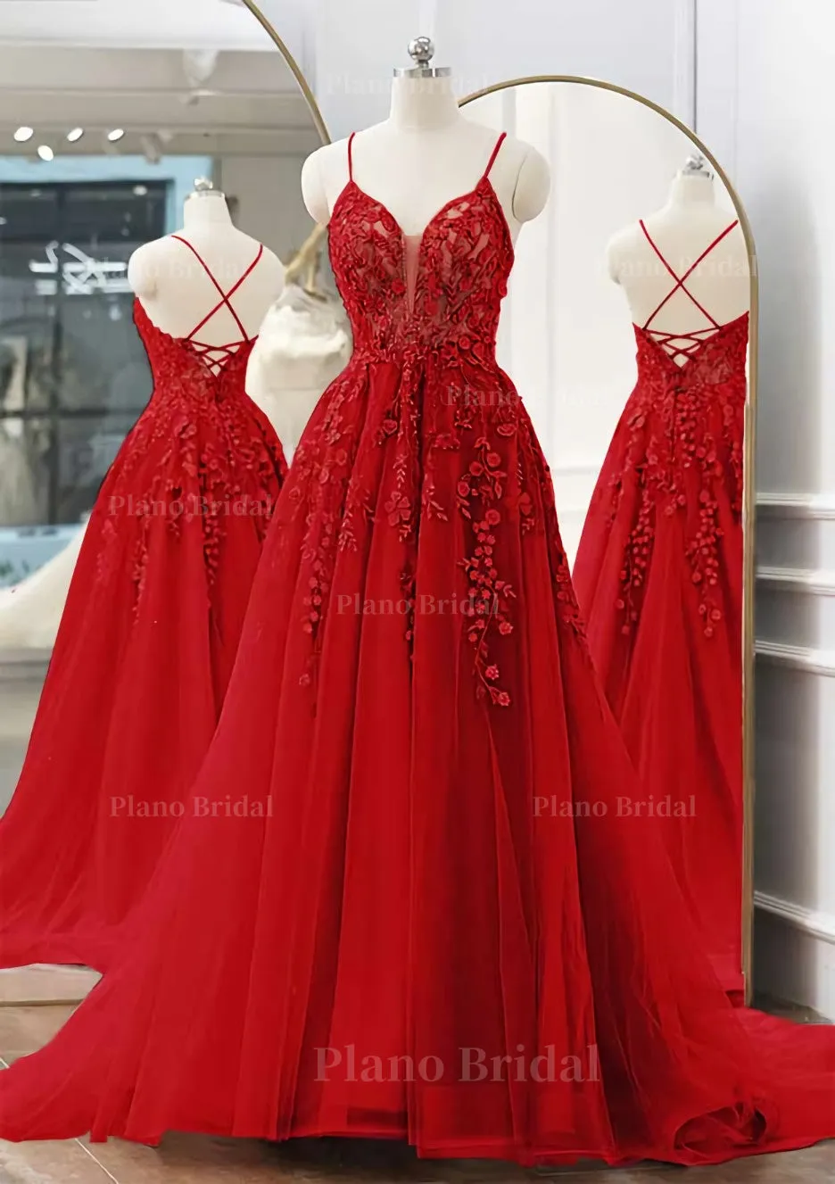 A-line V Neck Spaghetti Straps Sweep Train Tulle Prom Dress With Appliqued Beading