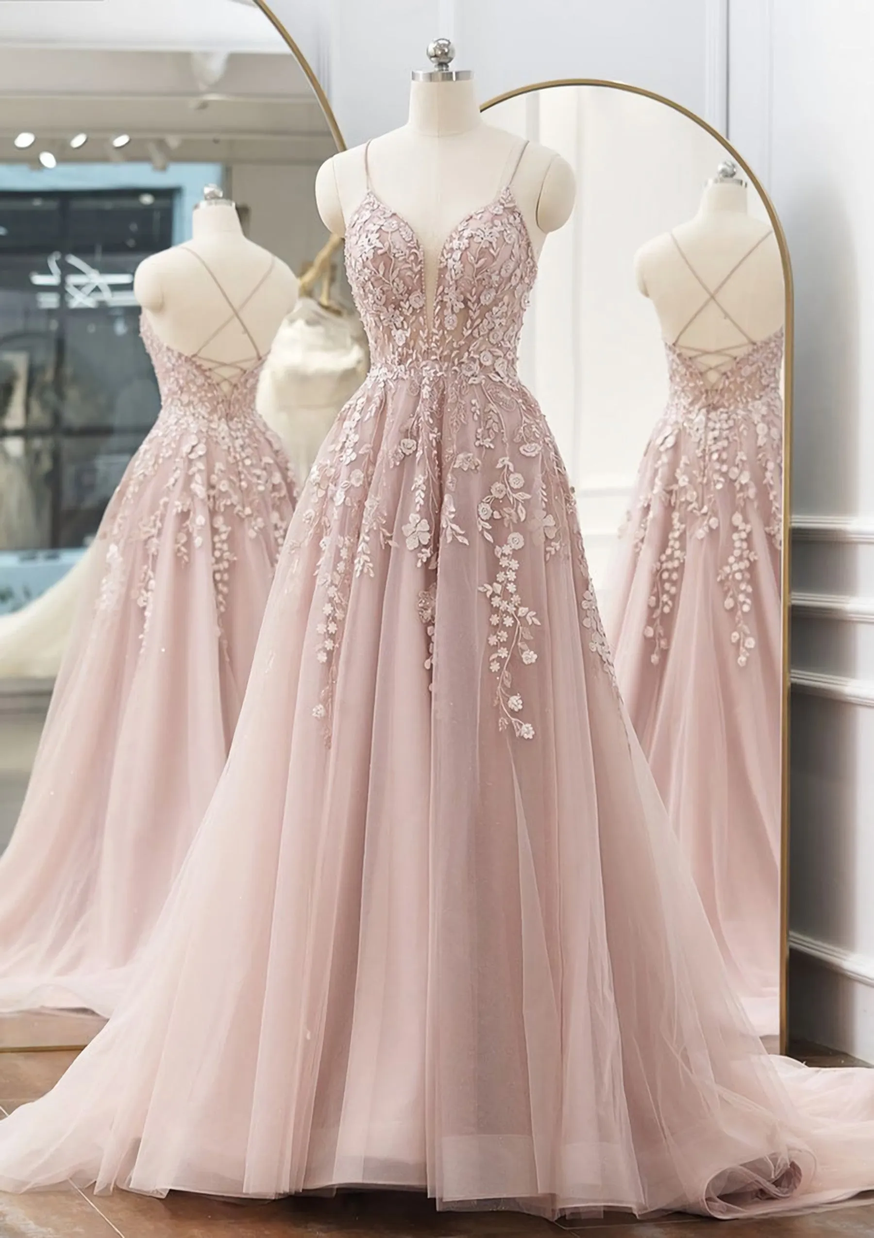 A-line V Neck Spaghetti Straps Sweep Train Tulle Prom Dress With Appliqued Beading