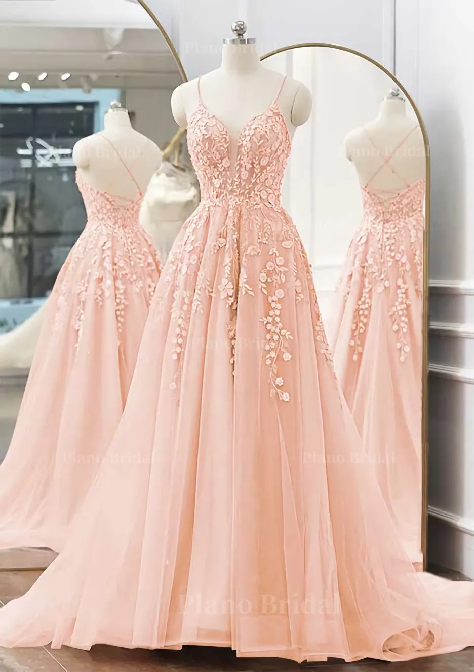 A-line V Neck Spaghetti Straps Sweep Train Tulle Prom Dress With Appliqued Beading