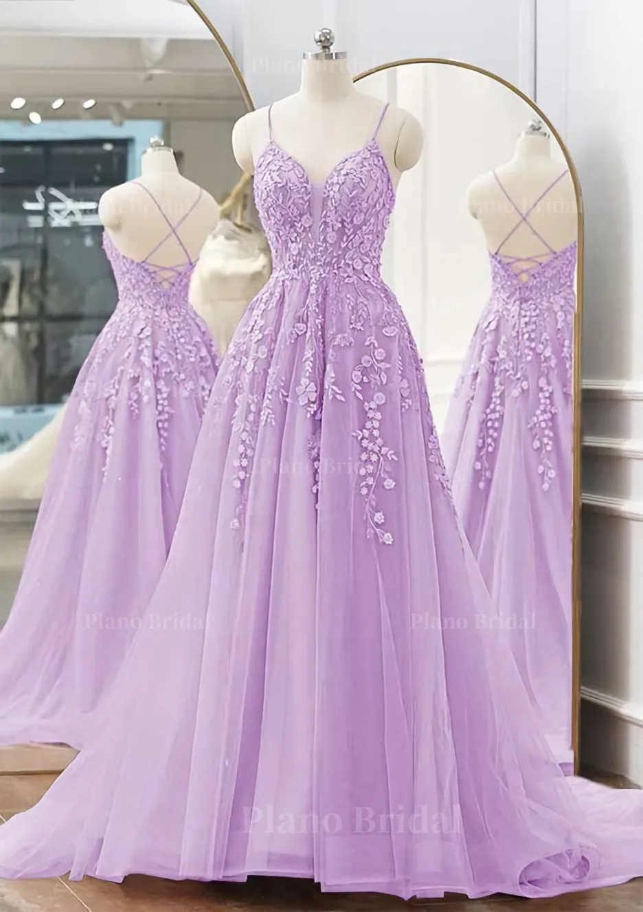 A-line V Neck Spaghetti Straps Sweep Train Tulle Prom Dress With Appliqued Beading