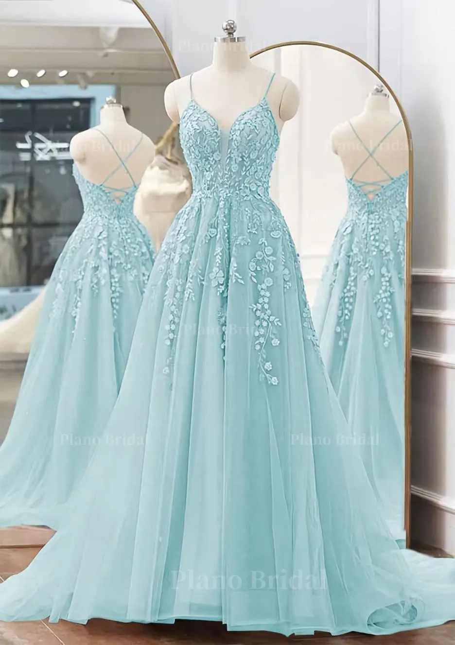 A-line V Neck Spaghetti Straps Sweep Train Tulle Prom Dress With Appliqued Beading