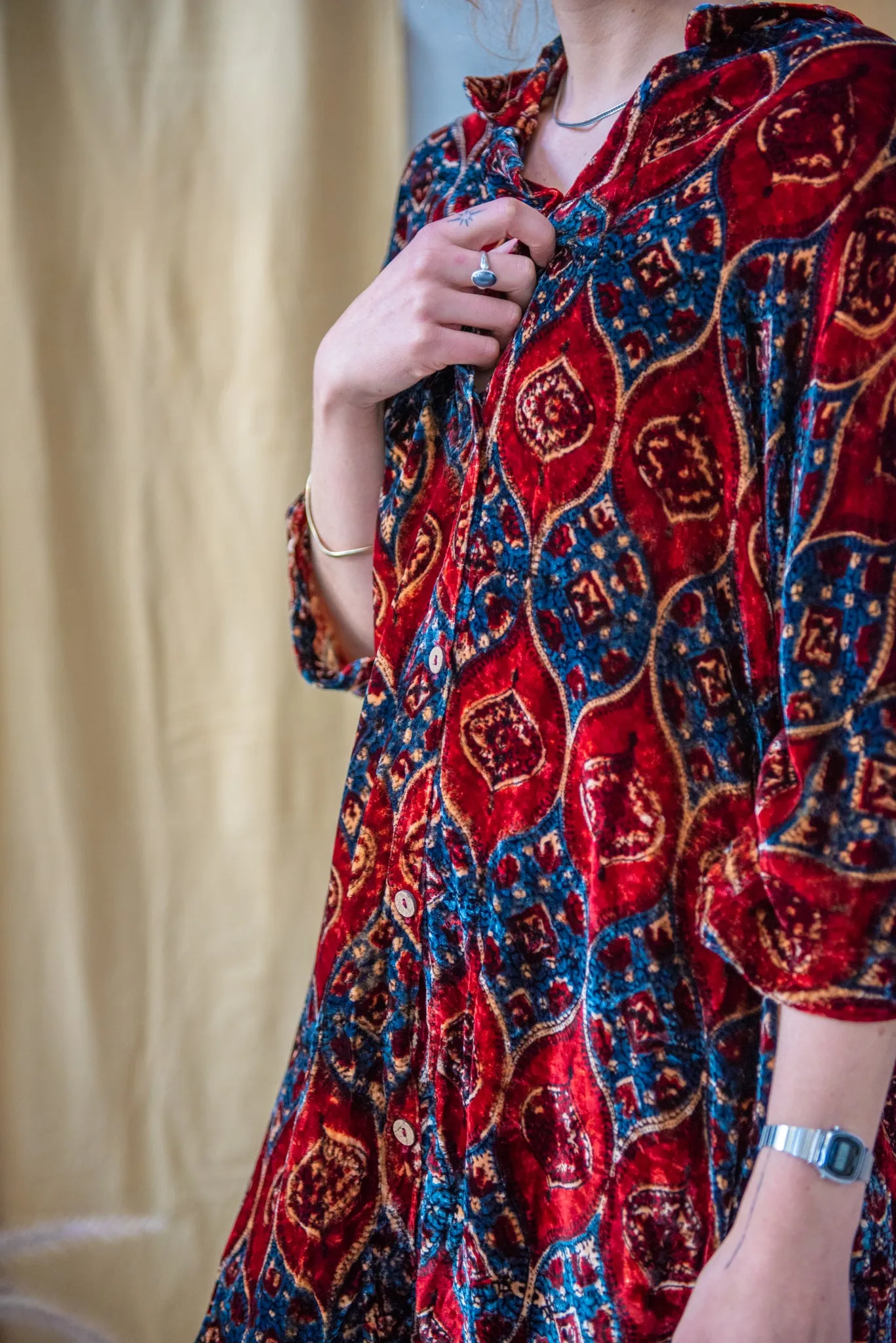 Ajrakh Silk Velvet Oversized Coat Red Pomegranate on Indigo