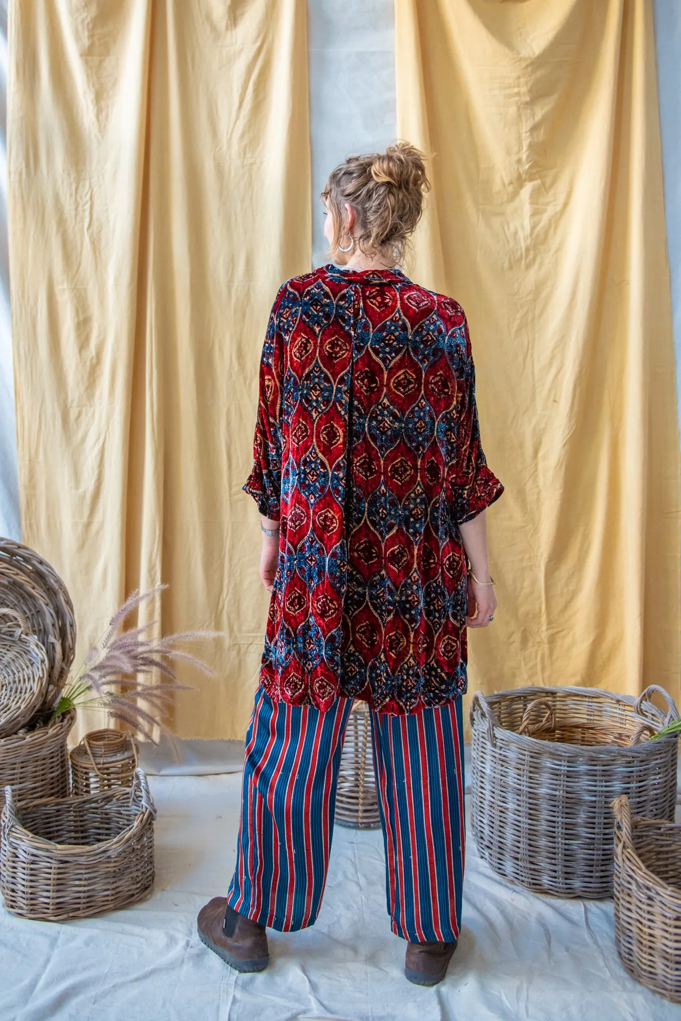 Ajrakh Silk Velvet Oversized Coat Red Pomegranate on Indigo