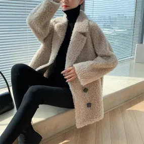 All Wool Granular Sheep Shearing Mid Length Large Size Fur Coat