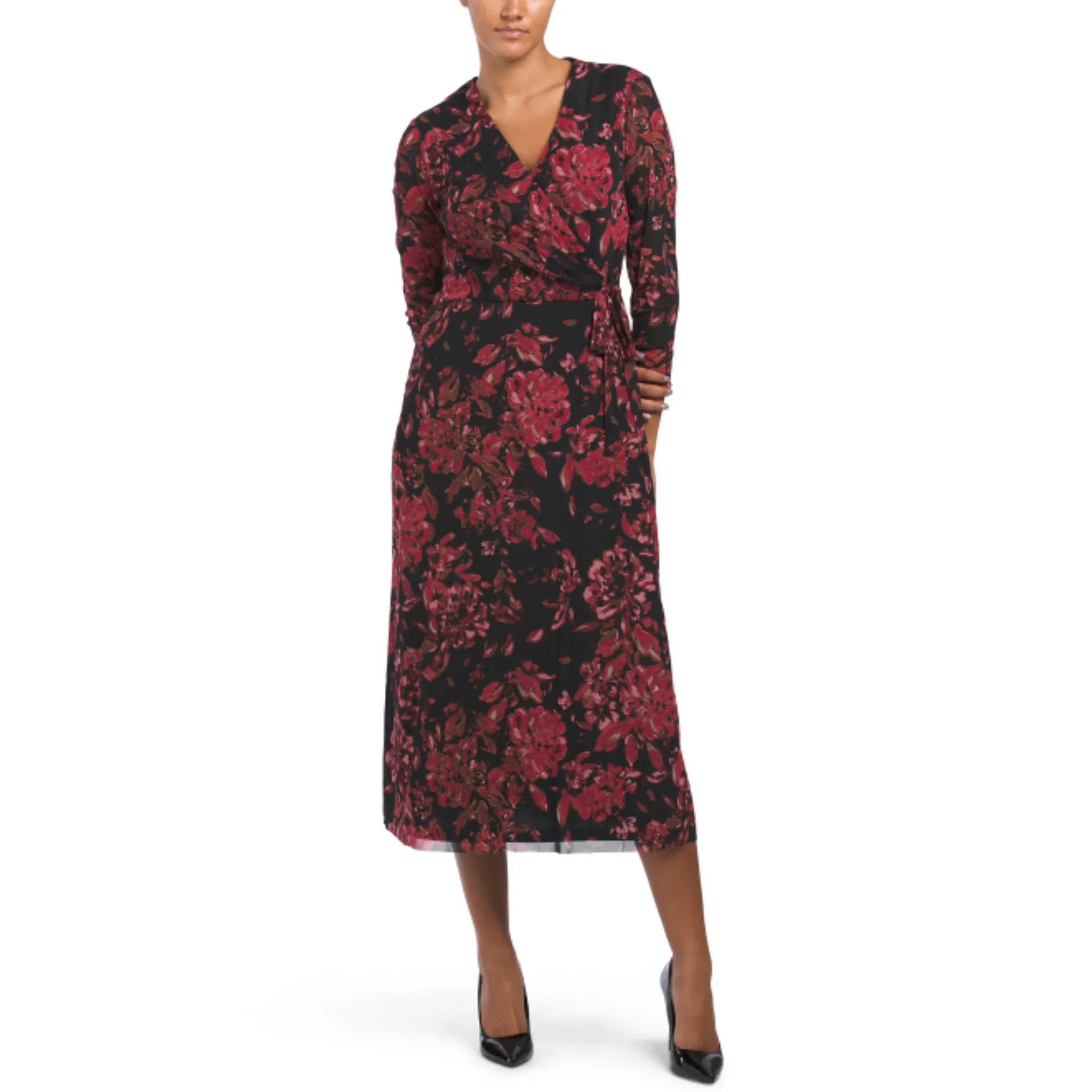 Anne Klein Women's Long Sleeve Floral Print Tie Waist Wrap Midi Dress