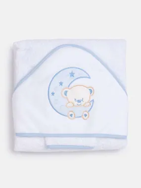 Baby Hooded Moon Teddy Towel Set with Washcloth-White & Blue