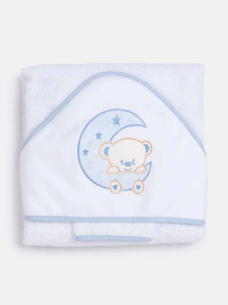 Baby Hooded Moon Teddy Towel Set with Washcloth-White & Blue