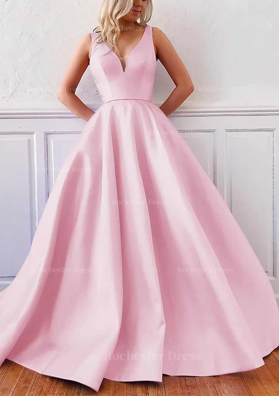 Ball Gown V Neck Sleeveless Satin Sweep Train Prom Dress