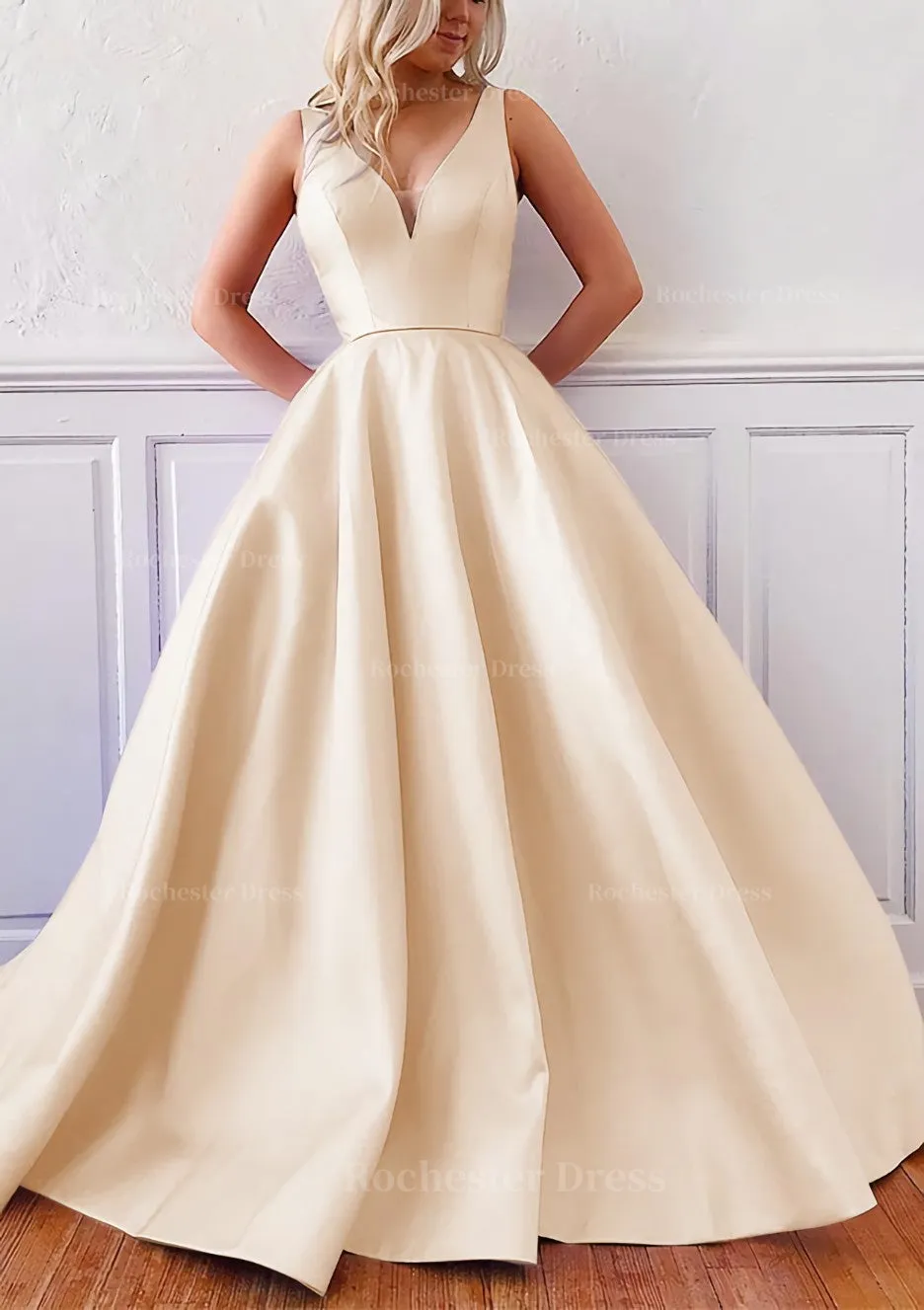 Ball Gown V Neck Sleeveless Satin Sweep Train Prom Dress