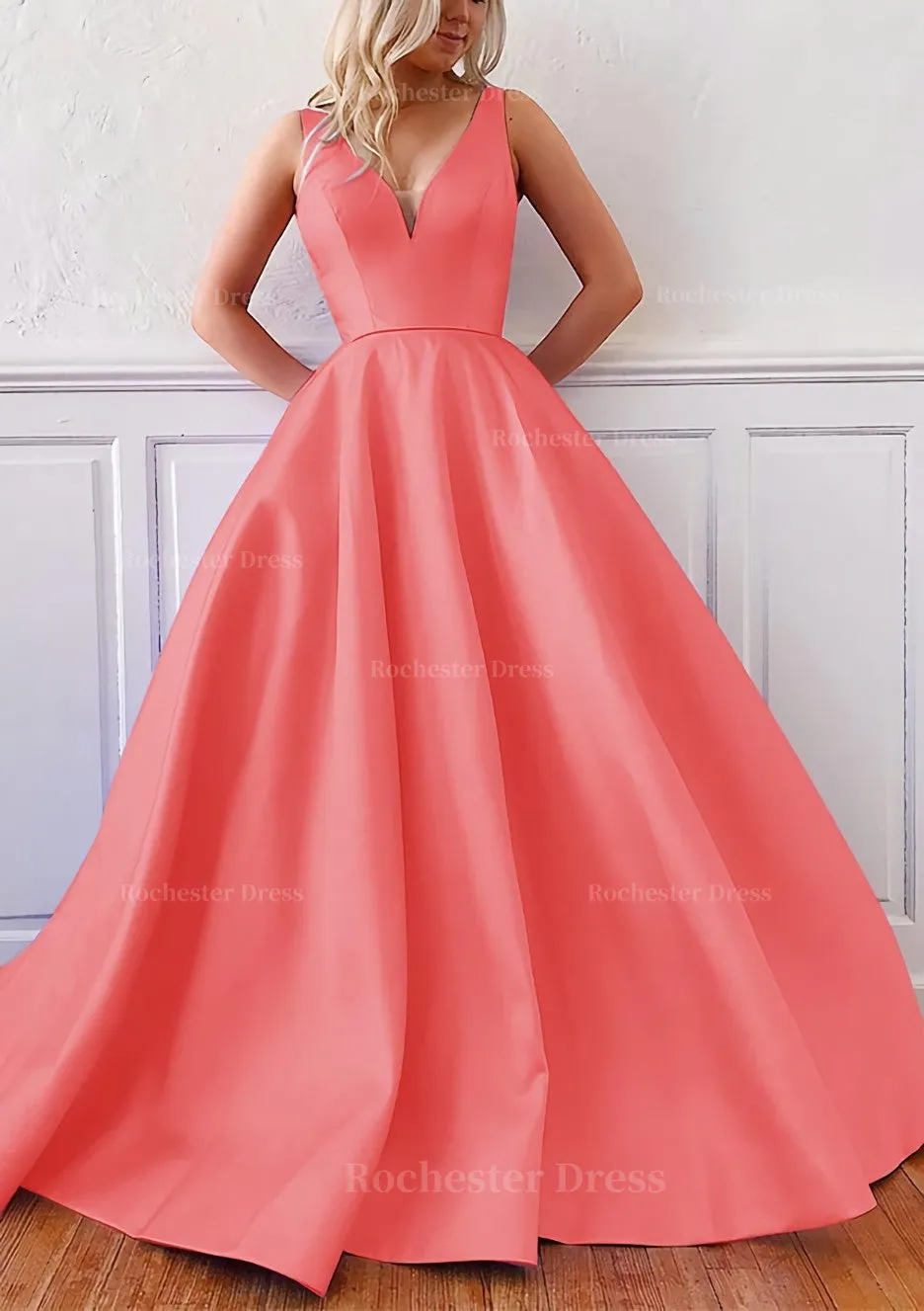 Ball Gown V Neck Sleeveless Satin Sweep Train Prom Dress