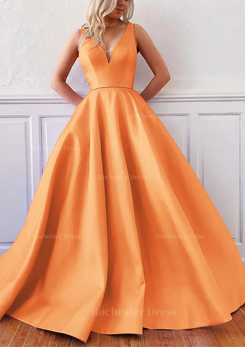 Ball Gown V Neck Sleeveless Satin Sweep Train Prom Dress