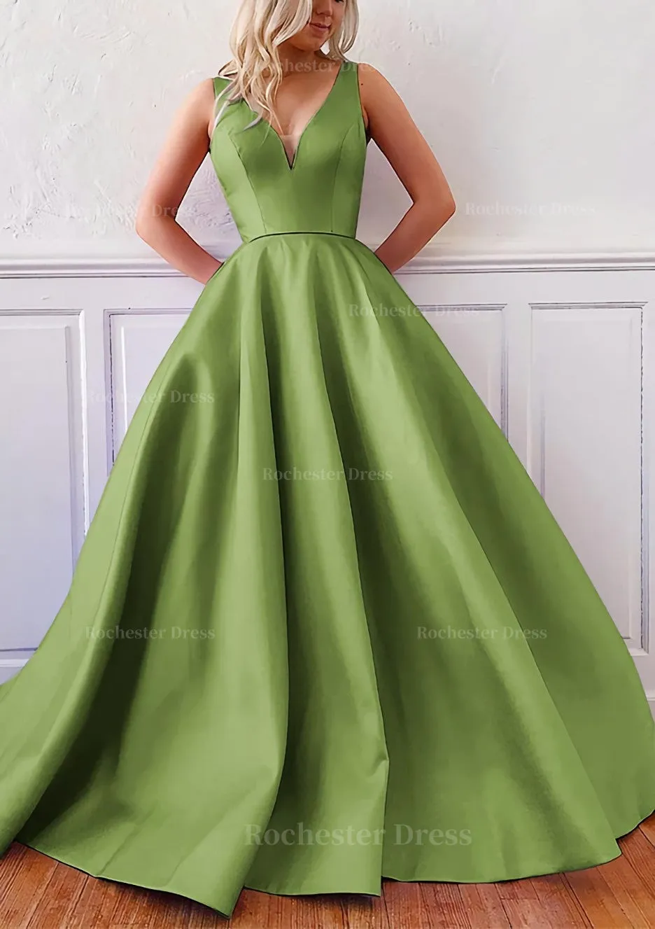 Ball Gown V Neck Sleeveless Satin Sweep Train Prom Dress