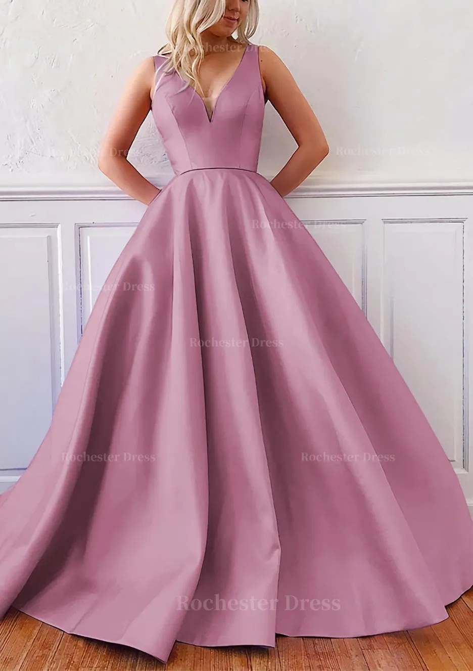 Ball Gown V Neck Sleeveless Satin Sweep Train Prom Dress