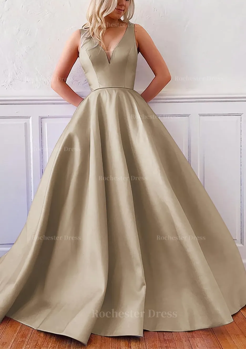 Ball Gown V Neck Sleeveless Satin Sweep Train Prom Dress