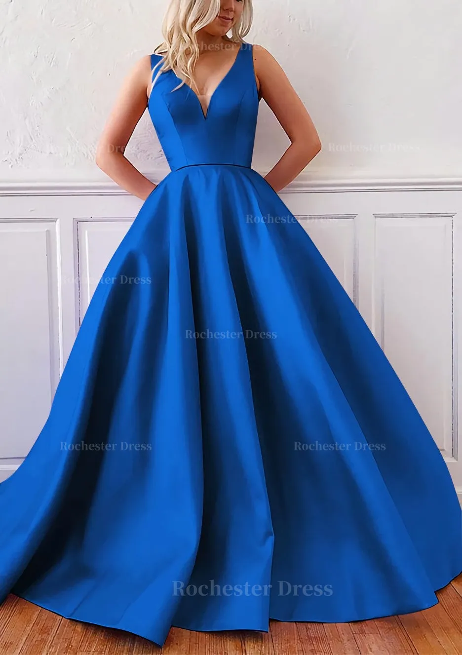 Ball Gown V Neck Sleeveless Satin Sweep Train Prom Dress