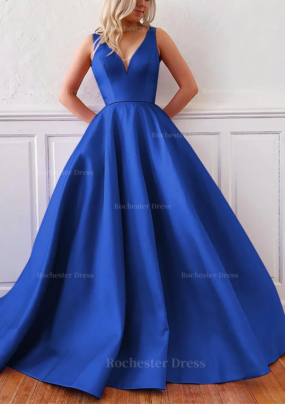 Ball Gown V Neck Sleeveless Satin Sweep Train Prom Dress