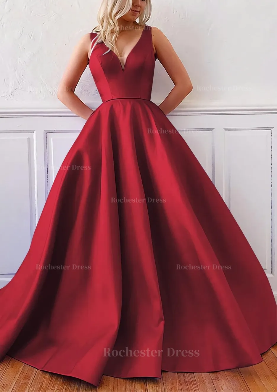 Ball Gown V Neck Sleeveless Satin Sweep Train Prom Dress