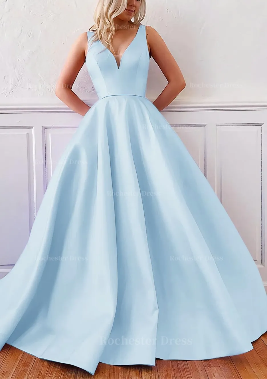 Ball Gown V Neck Sleeveless Satin Sweep Train Prom Dress