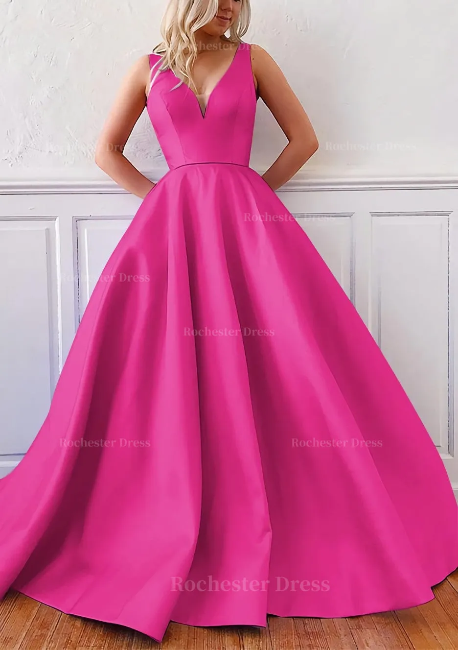 Ball Gown V Neck Sleeveless Satin Sweep Train Prom Dress