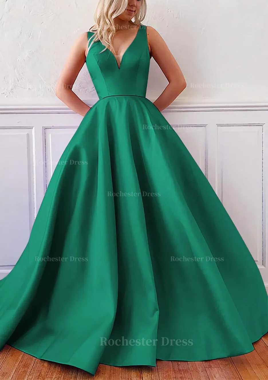 Ball Gown V Neck Sleeveless Satin Sweep Train Prom Dress