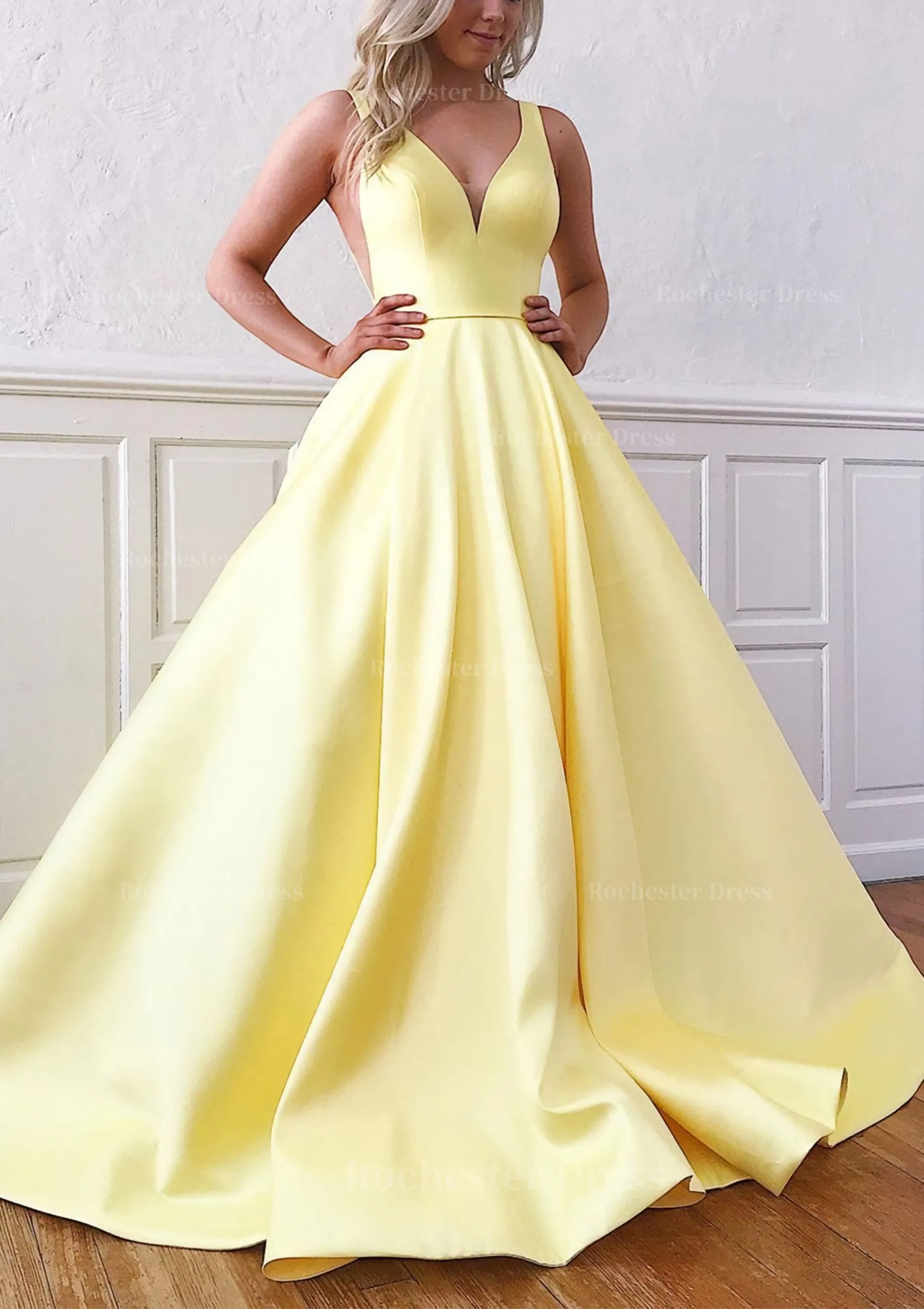 Ball Gown V Neck Sleeveless Satin Sweep Train Prom Dress