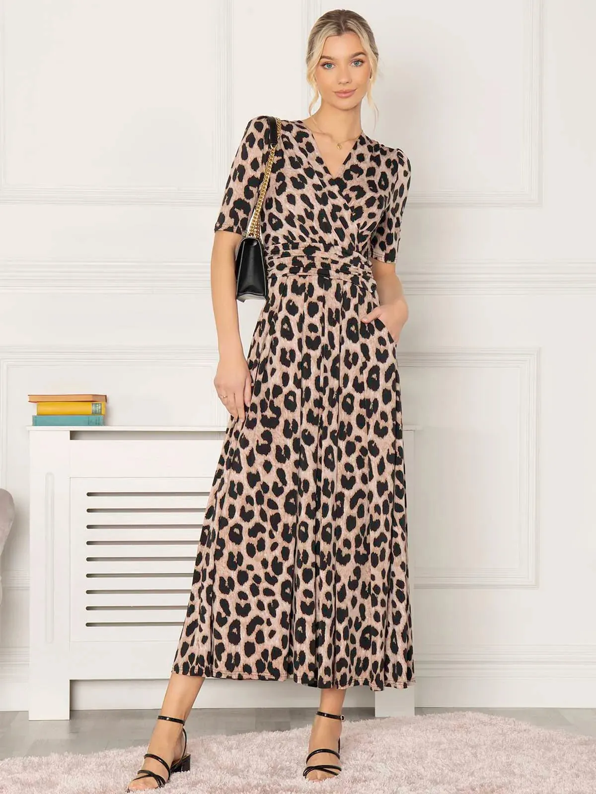 Beatrice Jersey Wrap Maxi Dress (Leopard Multi)