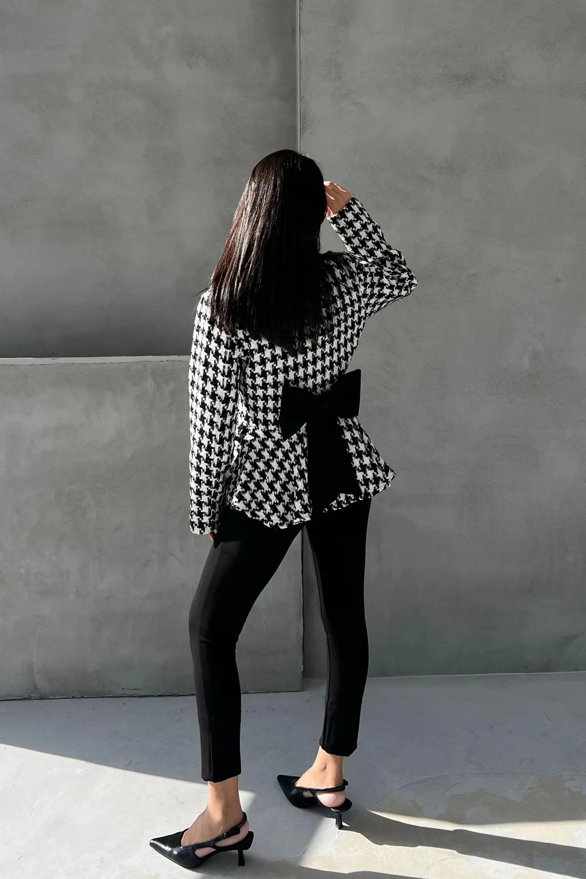 Black Houndstooth Ribbon Detail Design Jacket