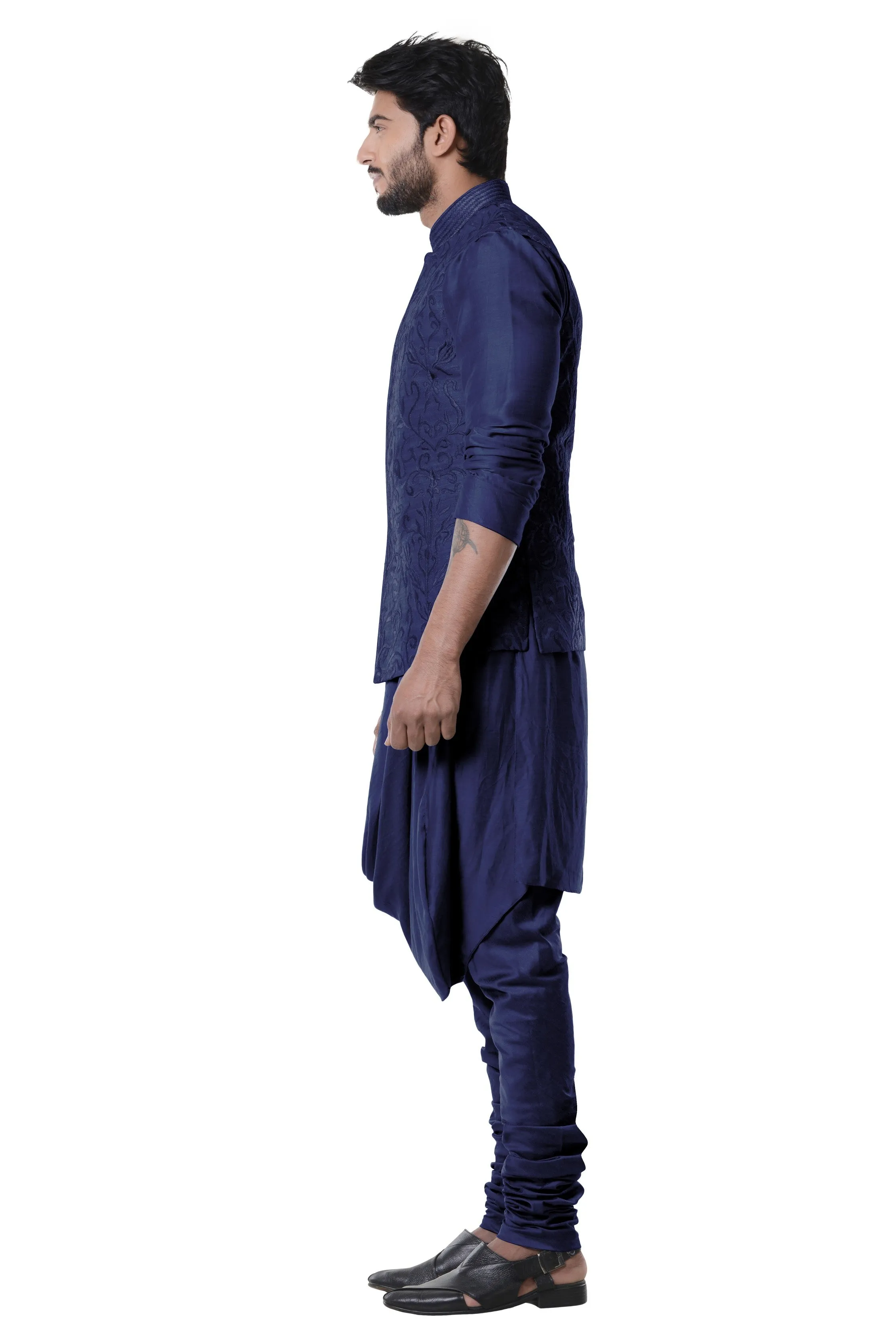 Blue Cowl Neck Embroidered Kurta & Waist Coat - Rent