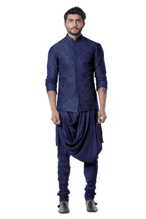 Blue Cowl Neck Embroidered Kurta & Waist Coat - Rent