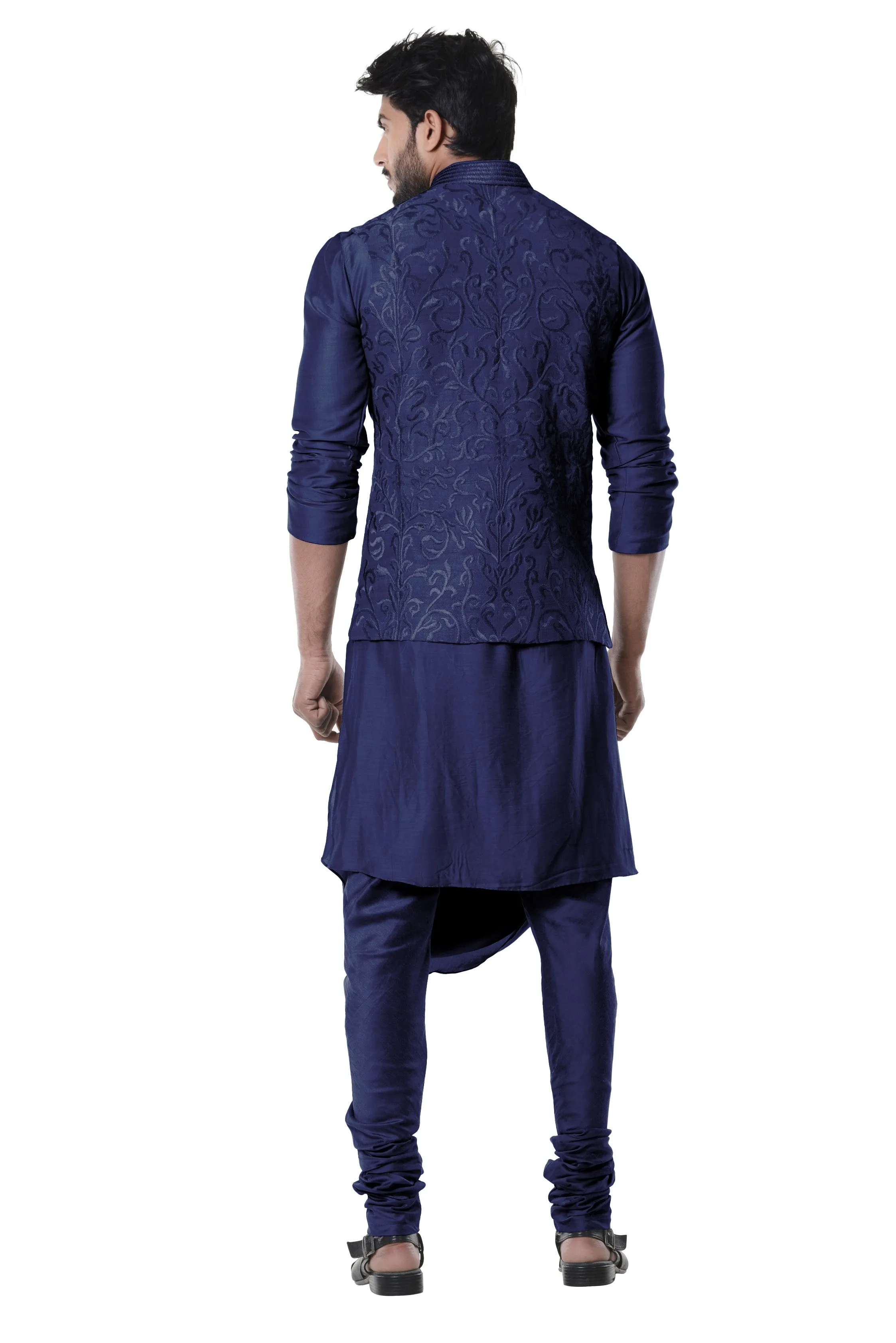 Blue Cowl Neck Embroidered Kurta & Waist Coat - Rent