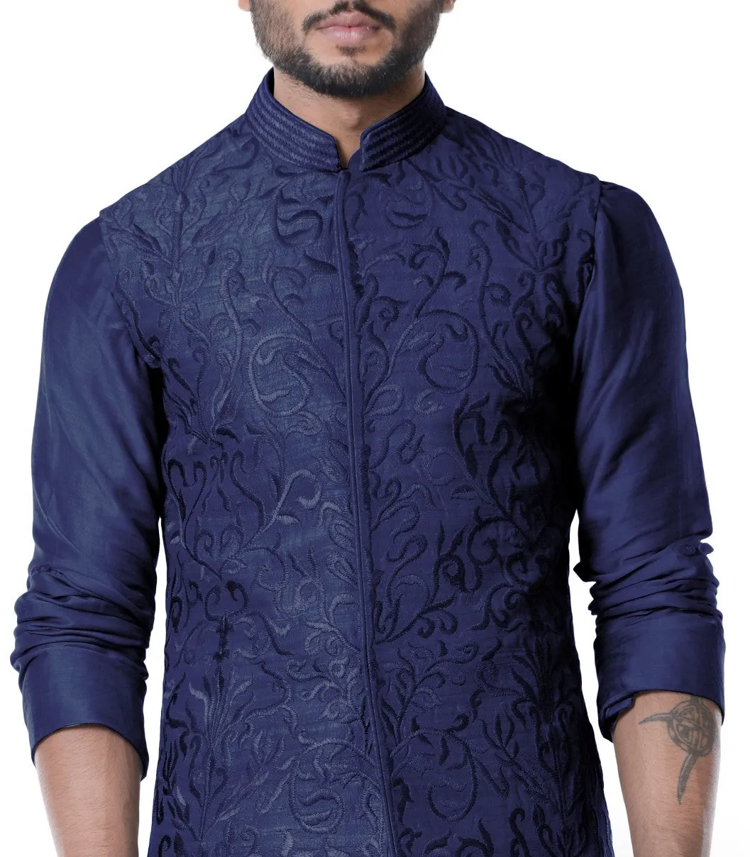 Blue Cowl Neck Embroidered Kurta & Waist Coat - Rent