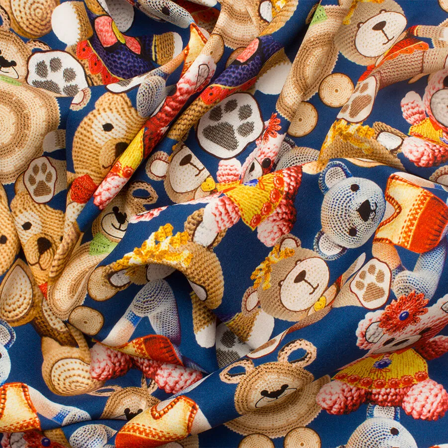 Blue Large 'Teddy Bears' Stretch Silk Crêpe